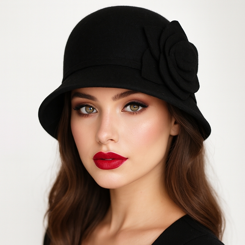 Nine West Black Wool Cloche Hat Floral Detail Women’s 22”